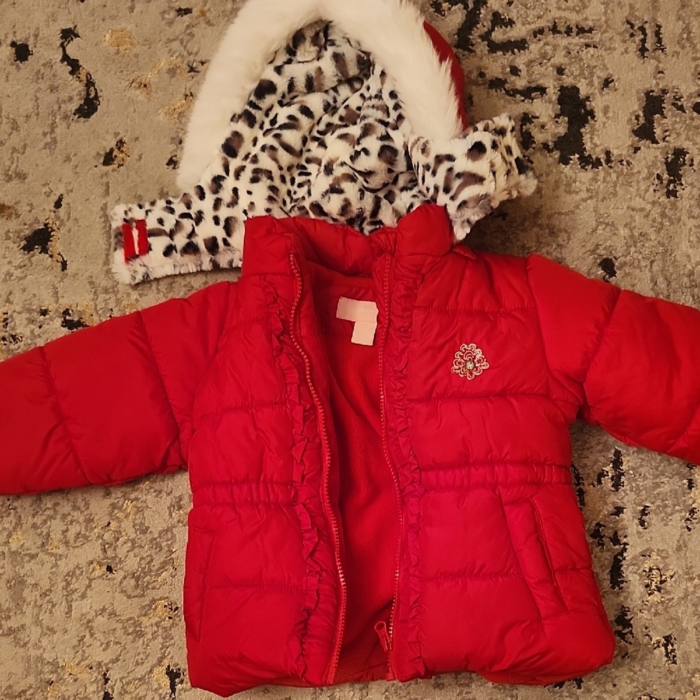 London Fog Cherry Red Puffer with Leopard Print Hood